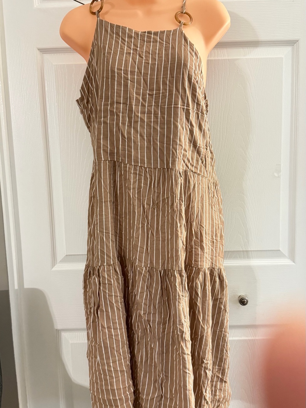 Striped Taupe Maxi Dress with Ring-Detail Straps